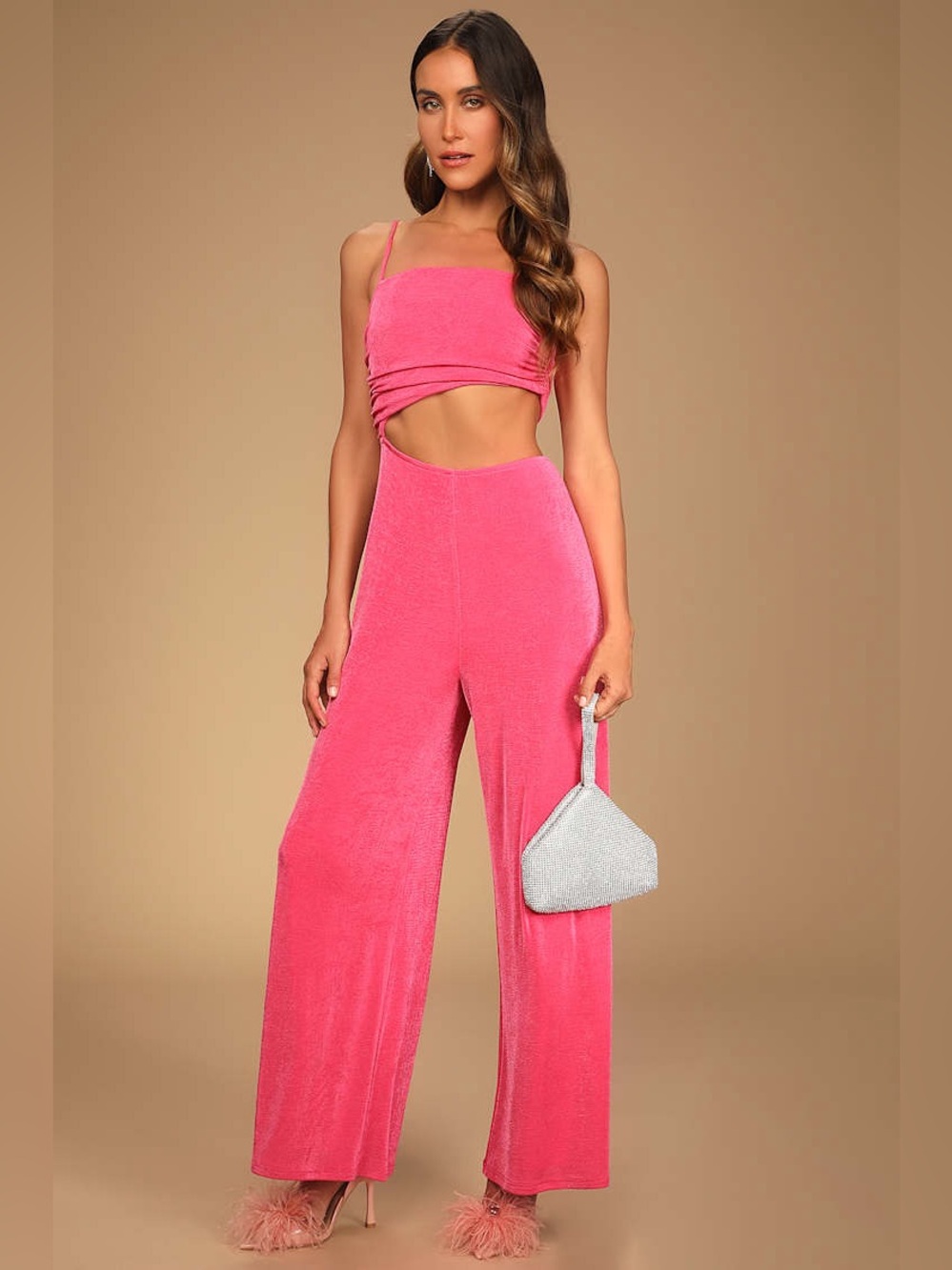 Lulus Timely Trends Hot Pink Asymmetrical Cutout Wide Leg Jumpsuit